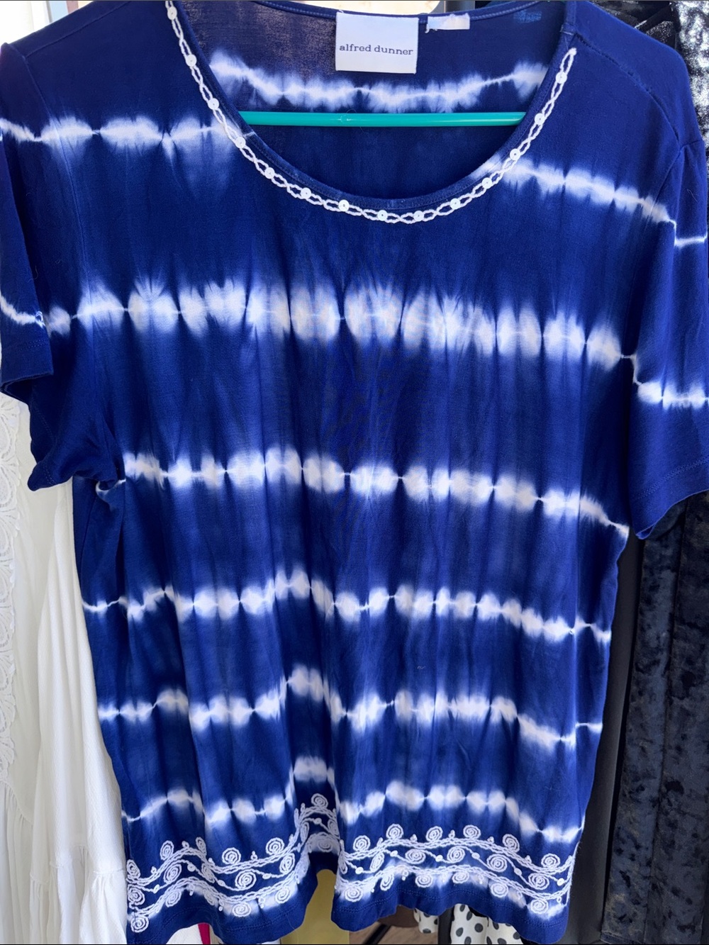 Alfred Dunner Blue and White Tie-Dye Short Sleeve Top